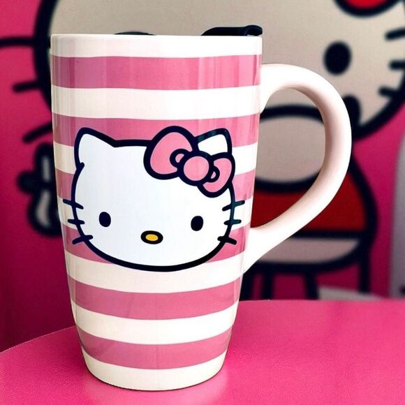 NWT Gorgeous Hello Kitty Pink Striped Glossy Ceramic Tall Travel Mug with lid - Picture 7 of 16